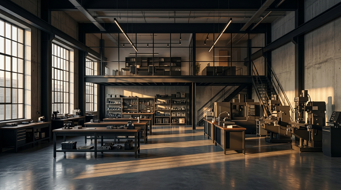 A quiet production and service hall at golden hour: steel workbenches, machine bays and a glazed mezzanine office.