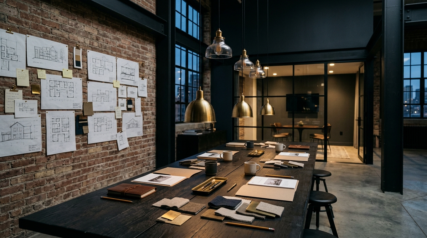 A loft project studio in the evening: a long table of proposals and material samples beside a wall of pinned plans.