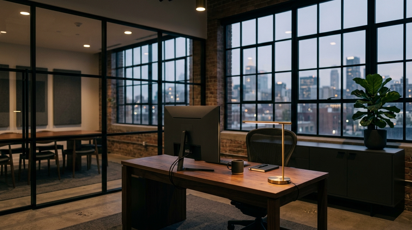 A modern operations office at dusk: a walnut desk with a monitor and a brass lamp beside tall steel windows over the city.